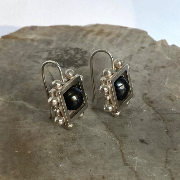 Sterling Silver 925 Modernist Style Square Freshwater Pearl Dangle Earrings - Picture 5 of 16